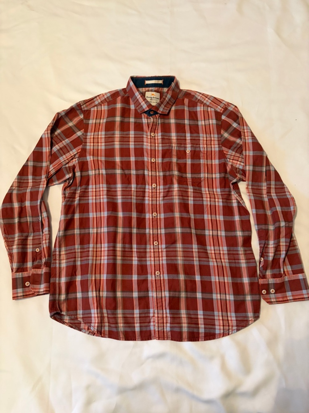 Tommy Bahama Men's Red Plaid Button-Down Shirt with White and Blue Stripes